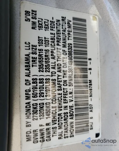 2008 Honda Odyssey Exl from USA, damaged, VIN 5FNRL38748B086329